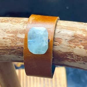 Blue morganite and leather Artisan made wrist cuff